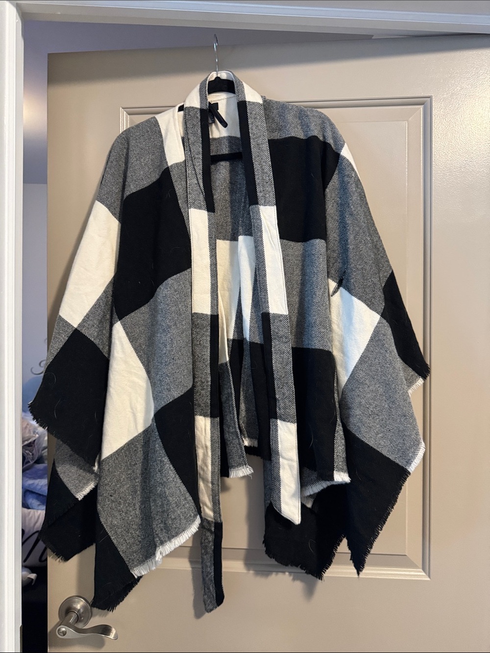 Modena Black & White Plaid Open-Front Poncho